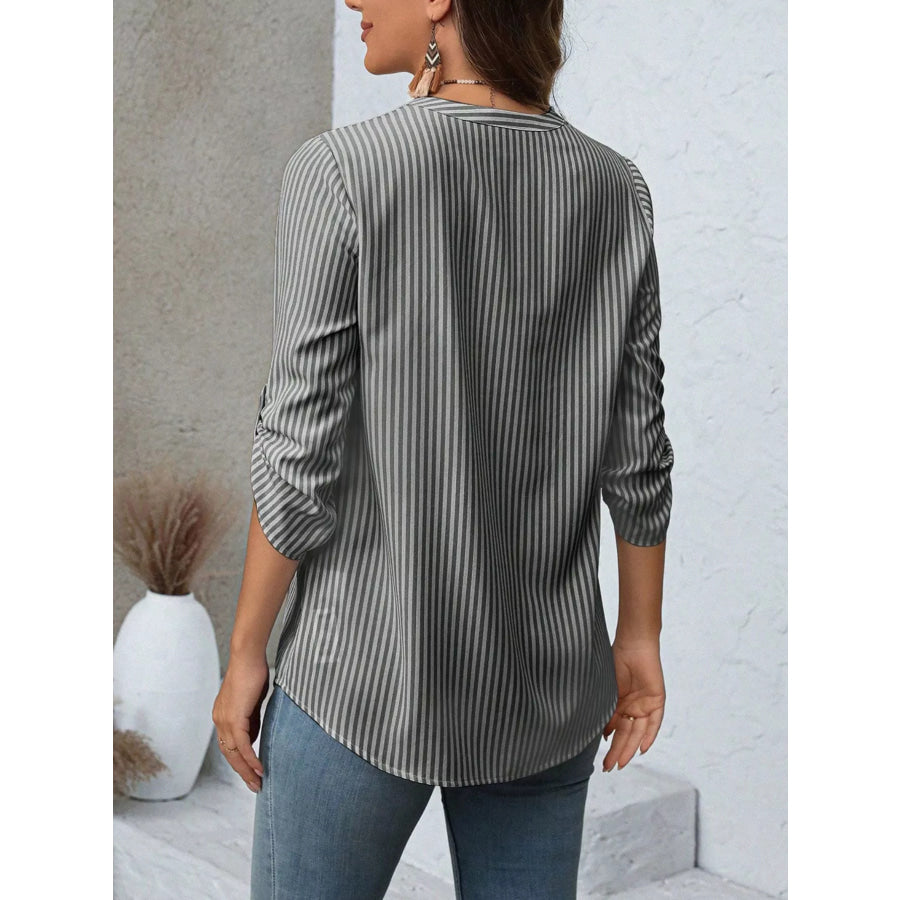 Striped V-Neck Roll-Up Sleeve Blouse Apparel and Accessories