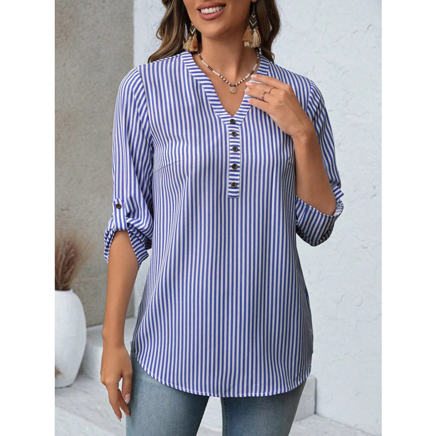 Striped V-Neck Roll-Up Sleeve Blouse Apparel and Accessories