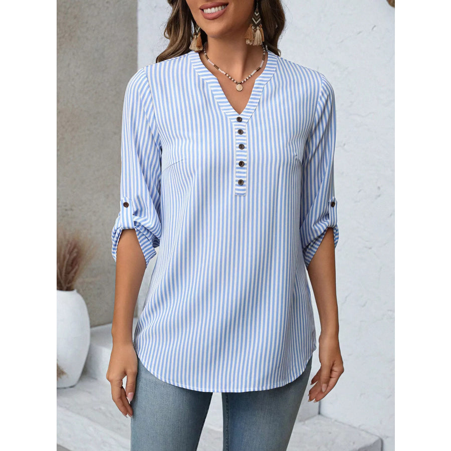 Striped V-Neck Roll-Up Sleeve Blouse Apparel and Accessories