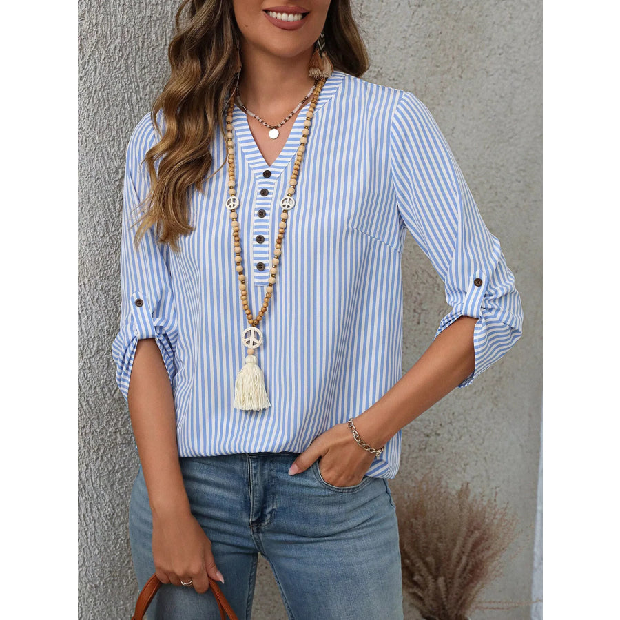 Striped V-Neck Roll-Up Sleeve Blouse Apparel and Accessories