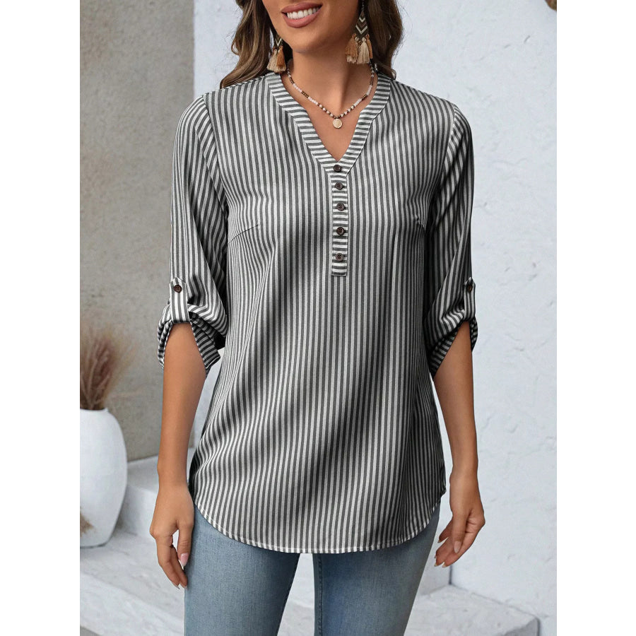 Striped V-Neck Roll-Up Sleeve Blouse Apparel and Accessories