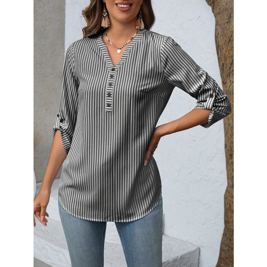 Striped V-Neck Roll-Up Sleeve Blouse Apparel and Accessories