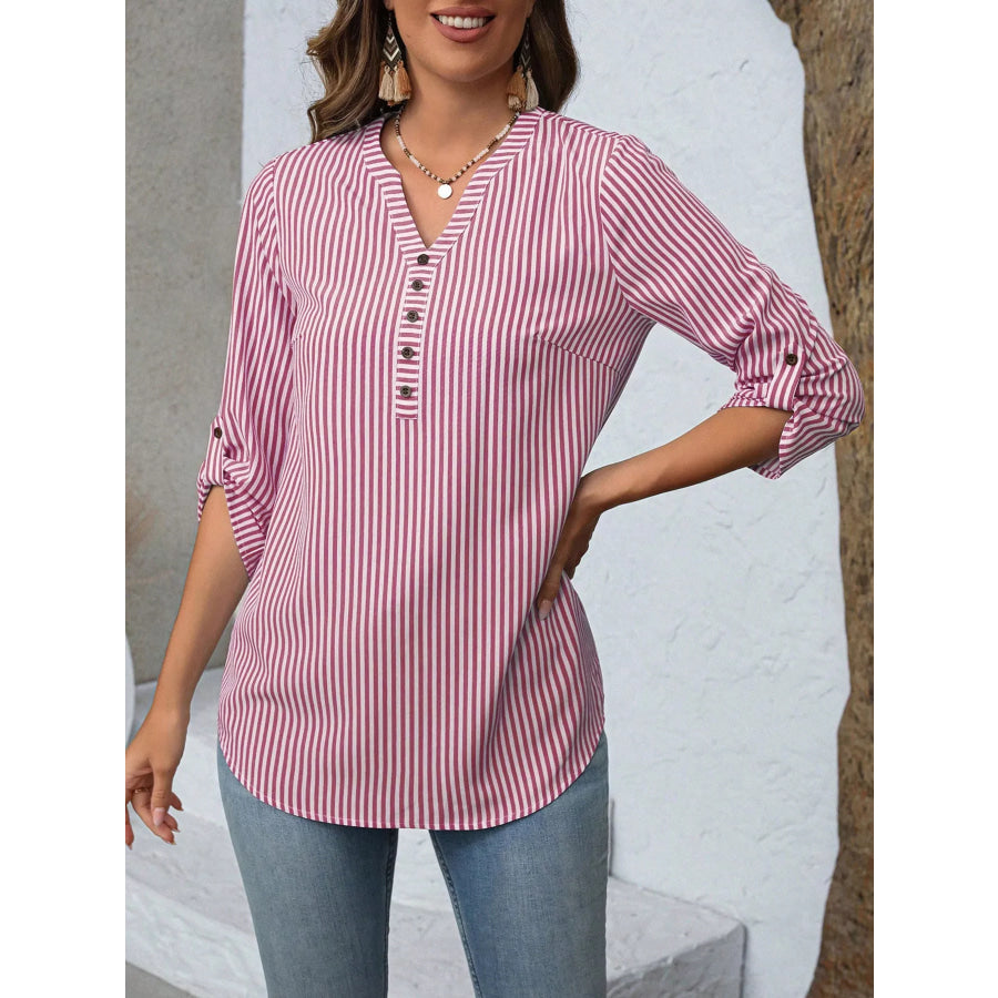 Striped V-Neck Roll-Up Sleeve Blouse Apparel and Accessories