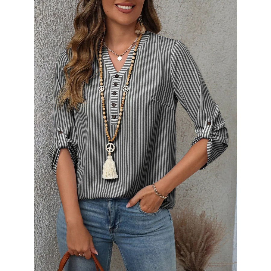 Striped V-Neck Roll-Up Sleeve Blouse Black Bar / S Apparel and Accessories