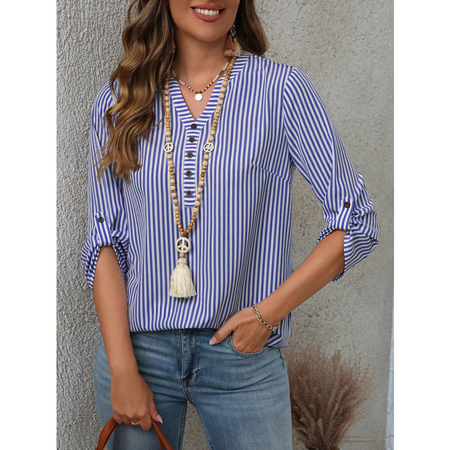 Striped V-Neck Roll-Up Sleeve Blouse Dark Blue Bar / S Apparel and Accessories
