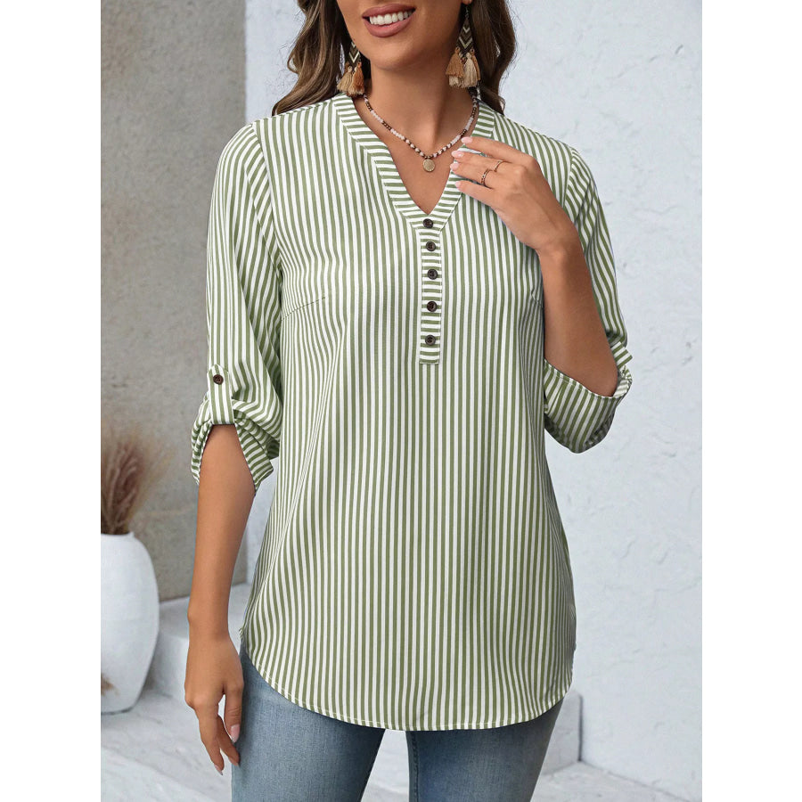 Striped V-Neck Roll-Up Sleeve Blouse Green Bar / S Apparel and Accessories
