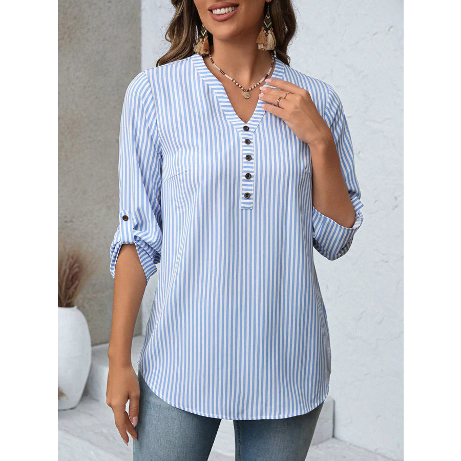 Striped V-Neck Roll-Up Sleeve Blouse Light Blue Strip / S Apparel and Accessories