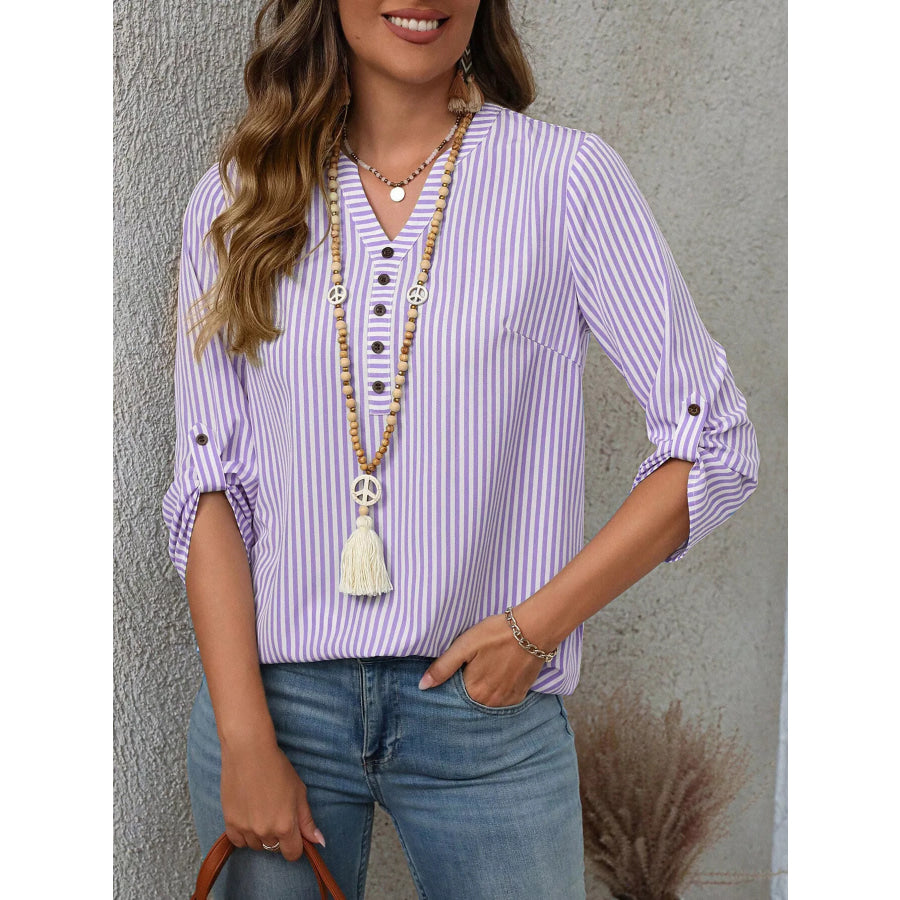 Striped V-Neck Roll-Up Sleeve Blouse Purple / S Apparel and Accessories