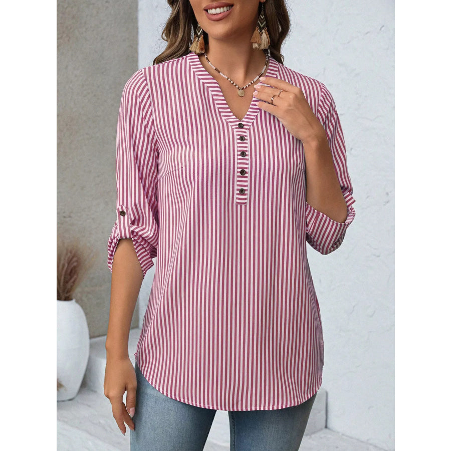 Striped V-Neck Roll-Up Sleeve Blouse Red Stripe / S Apparel and Accessories