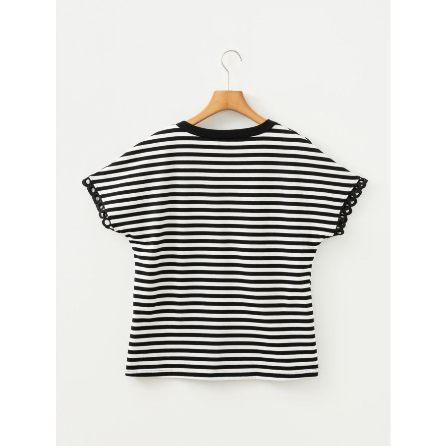 Striped V-Neck Scalloped Short Sleeve T-Shirt Apparel and Accessories