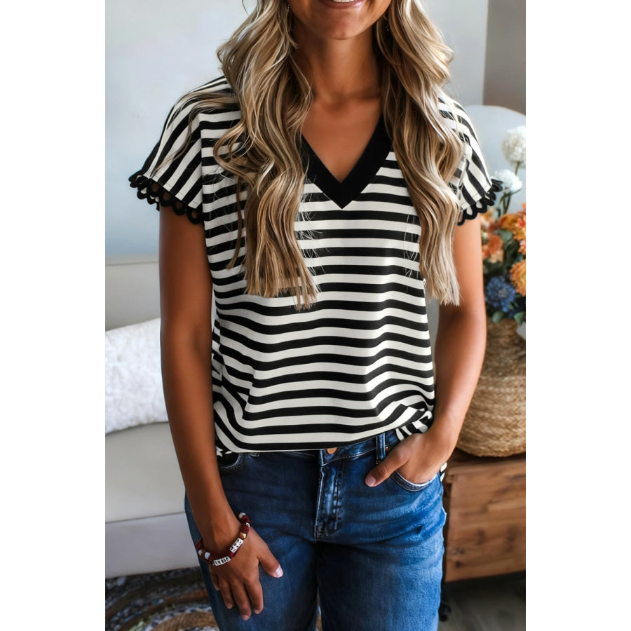 Striped V-Neck Scalloped Short Sleeve T-Shirt Apparel and Accessories
