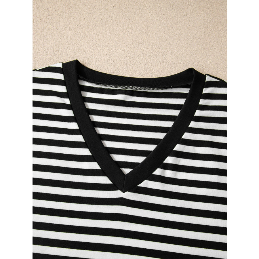 Striped V-Neck Scalloped Short Sleeve T-Shirt Apparel and Accessories