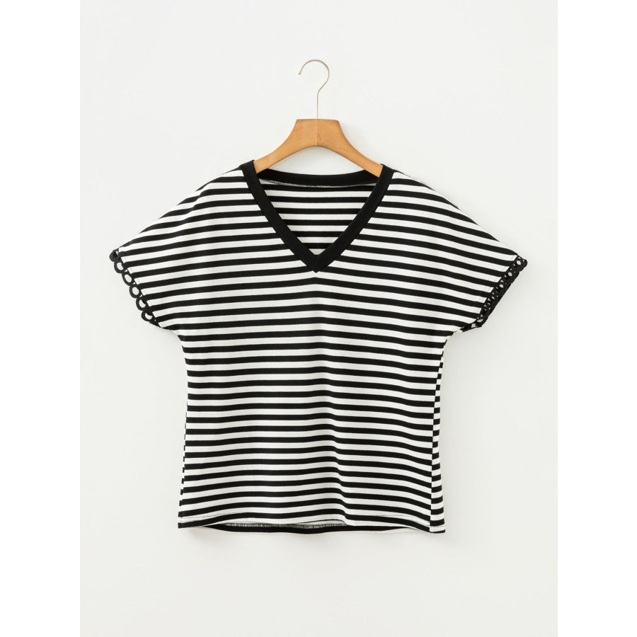 Striped V-Neck Scalloped Short Sleeve T-Shirt Apparel and Accessories