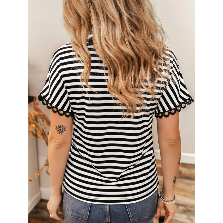 Striped V-Neck Scalloped Short Sleeve T-Shirt Apparel and Accessories