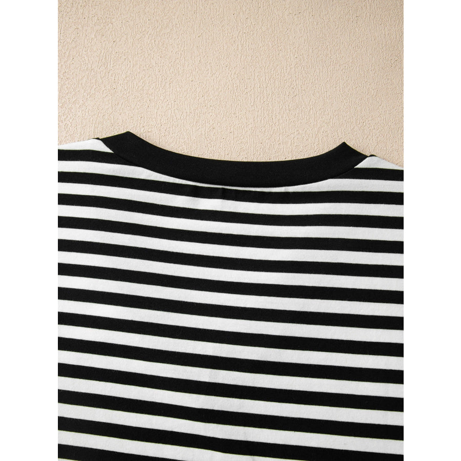 Striped V-Neck Scalloped Short Sleeve T-Shirt Apparel and Accessories