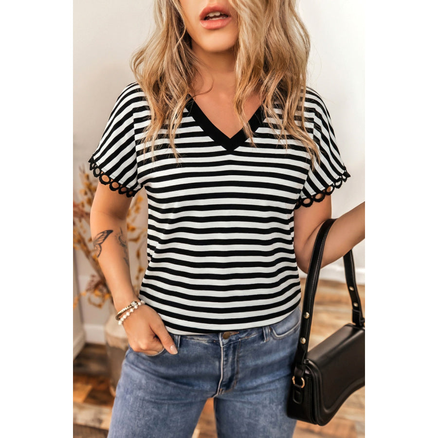 Striped V-Neck Scalloped Short Sleeve T-Shirt Black / S Apparel and Accessories