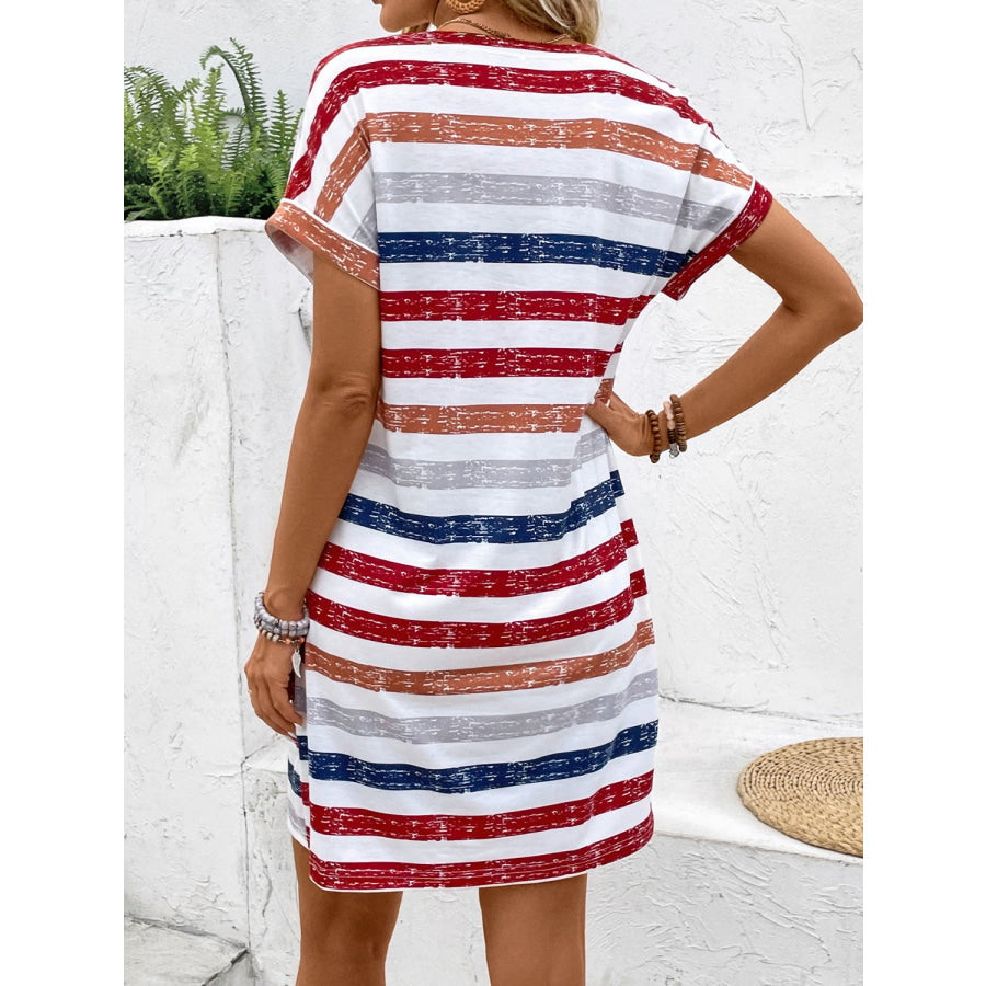 Striped V - Neck Short Sleeve Dress Stripe / S Apparel and Accessories