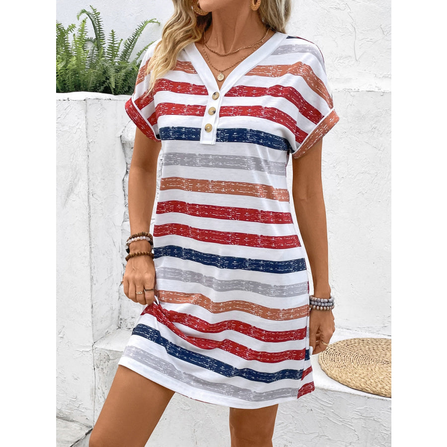 Striped V - Neck Short Sleeve Dress Apparel and Accessories