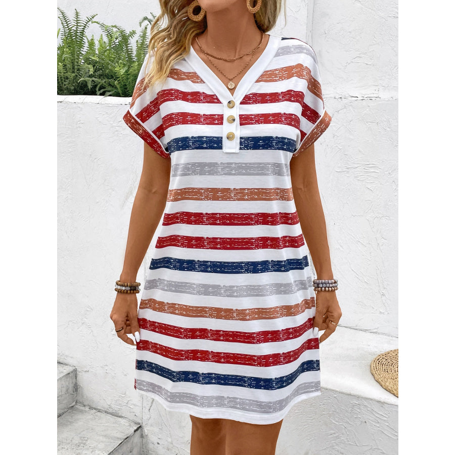 Striped V - Neck Short Sleeve Dress Stripe / S Apparel and Accessories