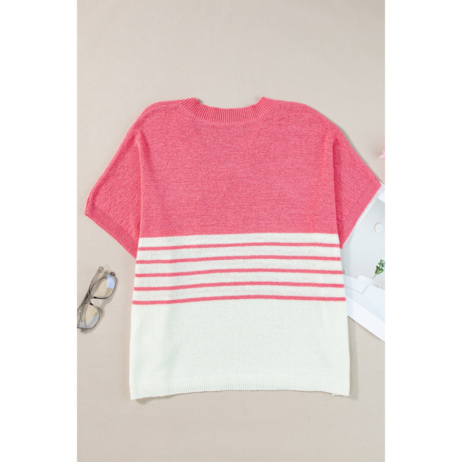 Striped V-Neck Short Sleeve Knit Top Apparel and Accessories