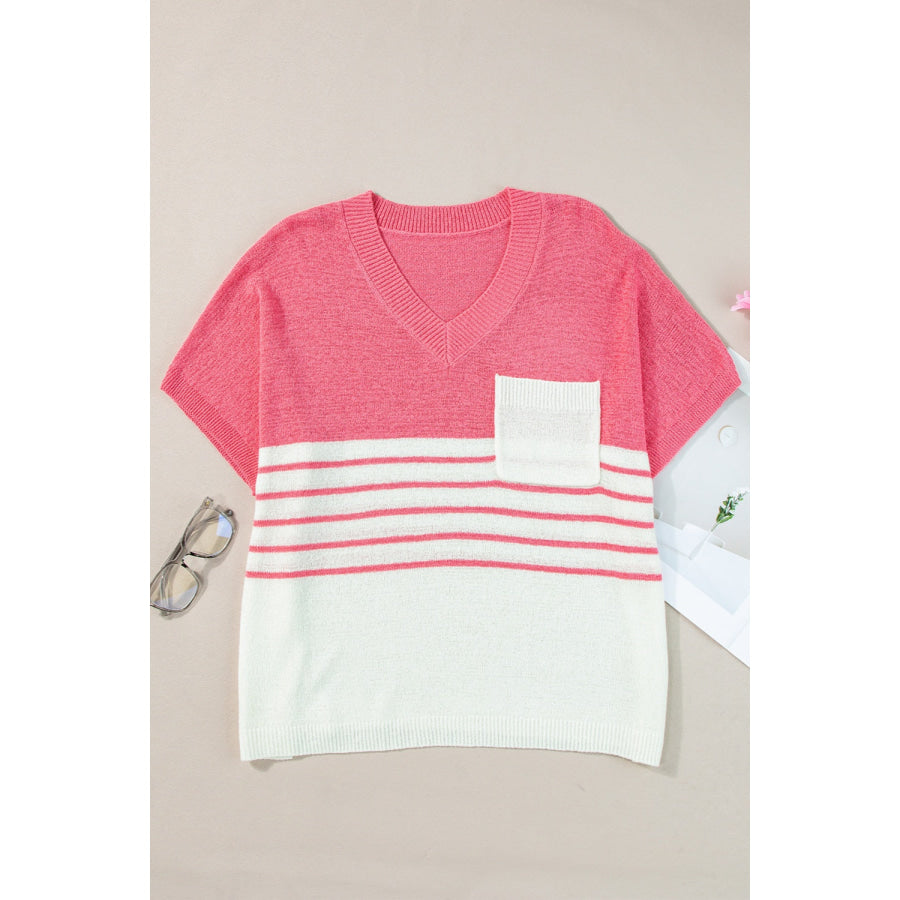 Striped V-Neck Short Sleeve Knit Top Strawberry / S Apparel and Accessories