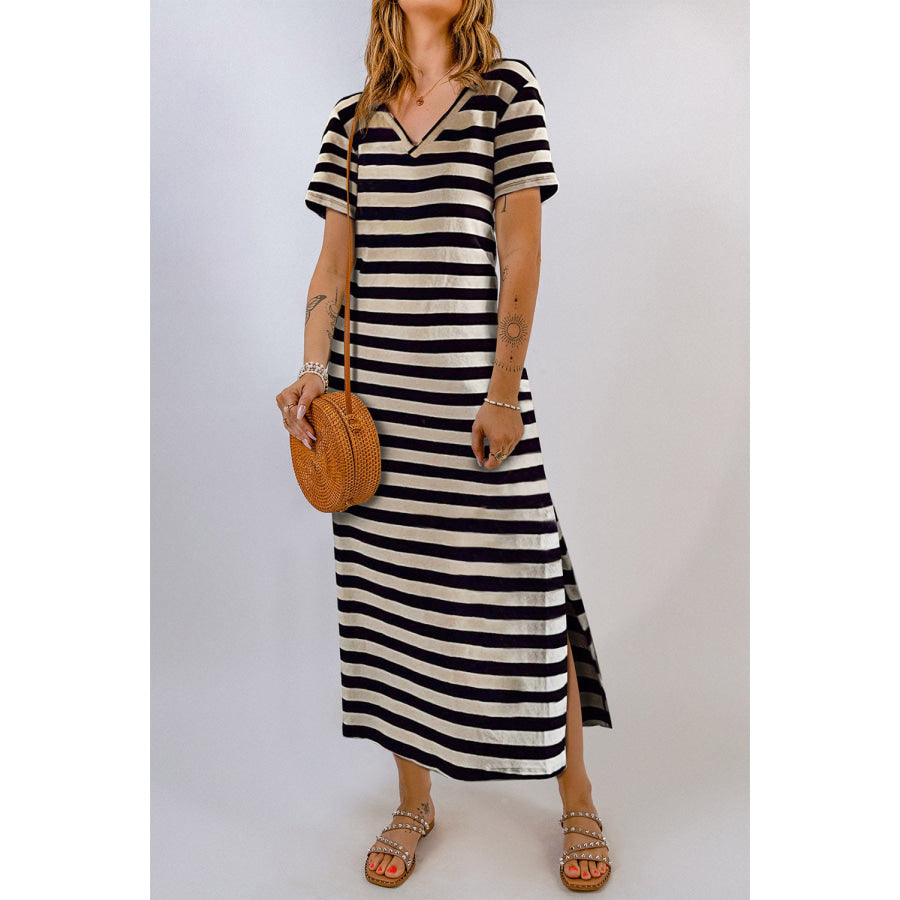 Striped V-Neck Short Sleeve Side Slit Dress Black / XL