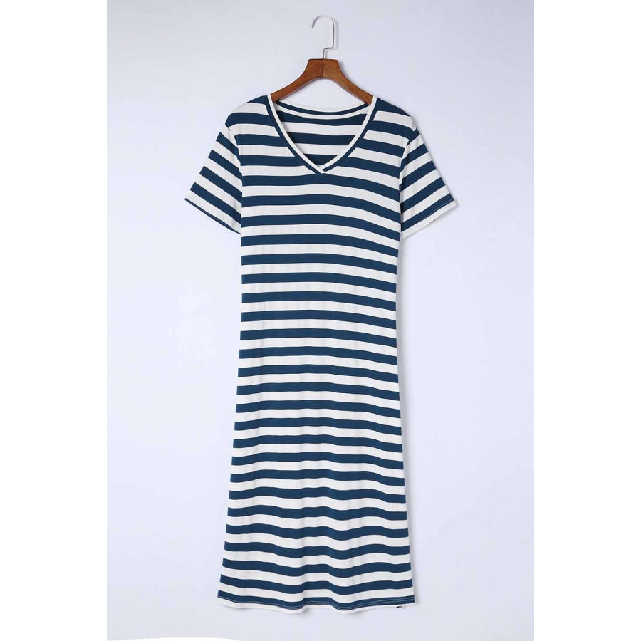 Striped V-Neck Short Sleeve Side Slit Dress Navy / S