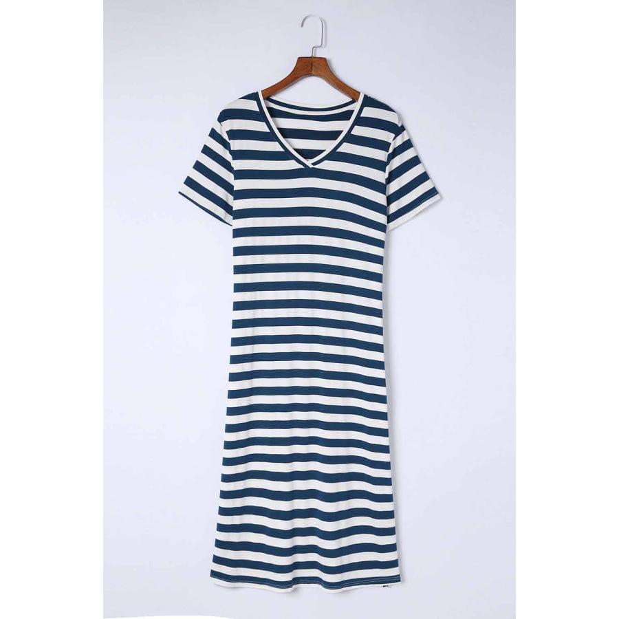 Striped V-Neck Short Sleeve Side Slit Dress Navy / S