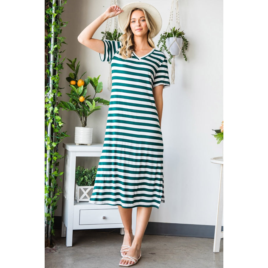 Striped V-Neck Short Sleeve Side Slit Dress Stripe / S