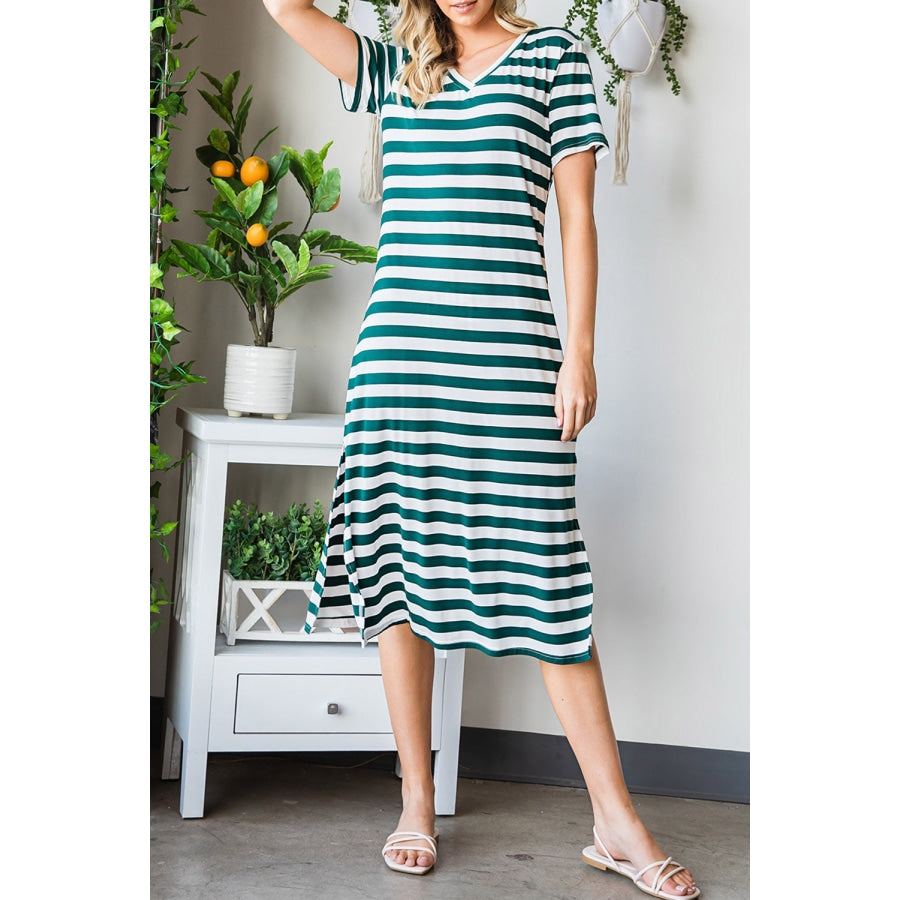 Striped V-Neck Short Sleeve Side Slit Dress