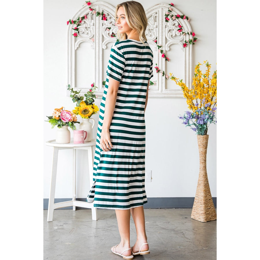 Striped V-Neck Short Sleeve Side Slit Dress