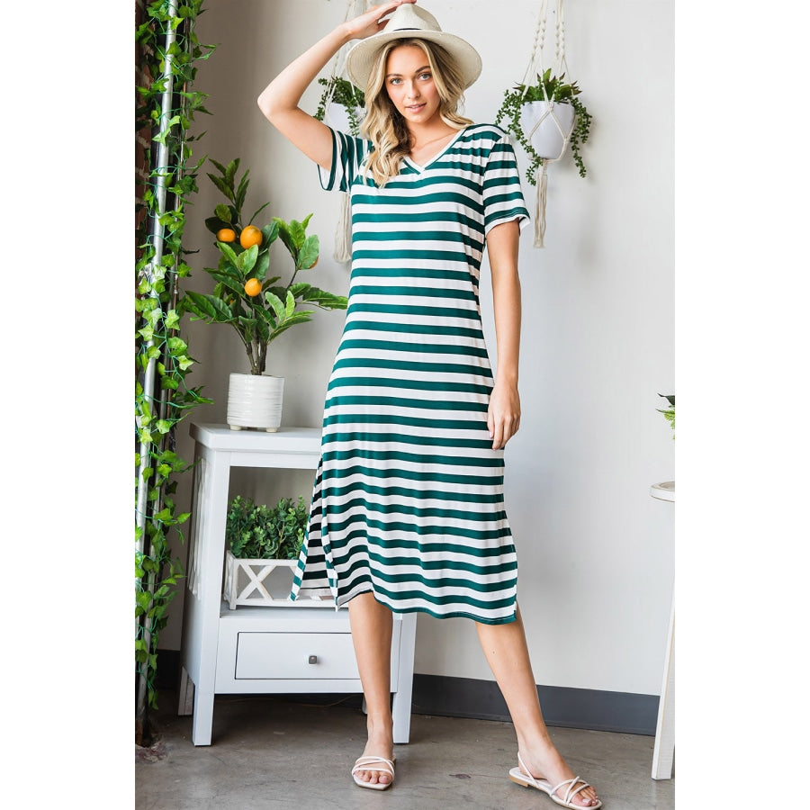 Striped V-Neck Short Sleeve Side Slit Dress