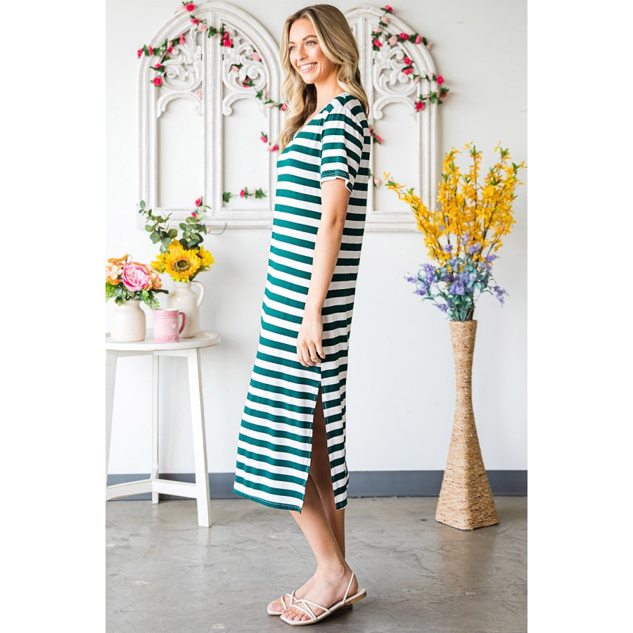 Striped V-Neck Short Sleeve Side Slit Dress