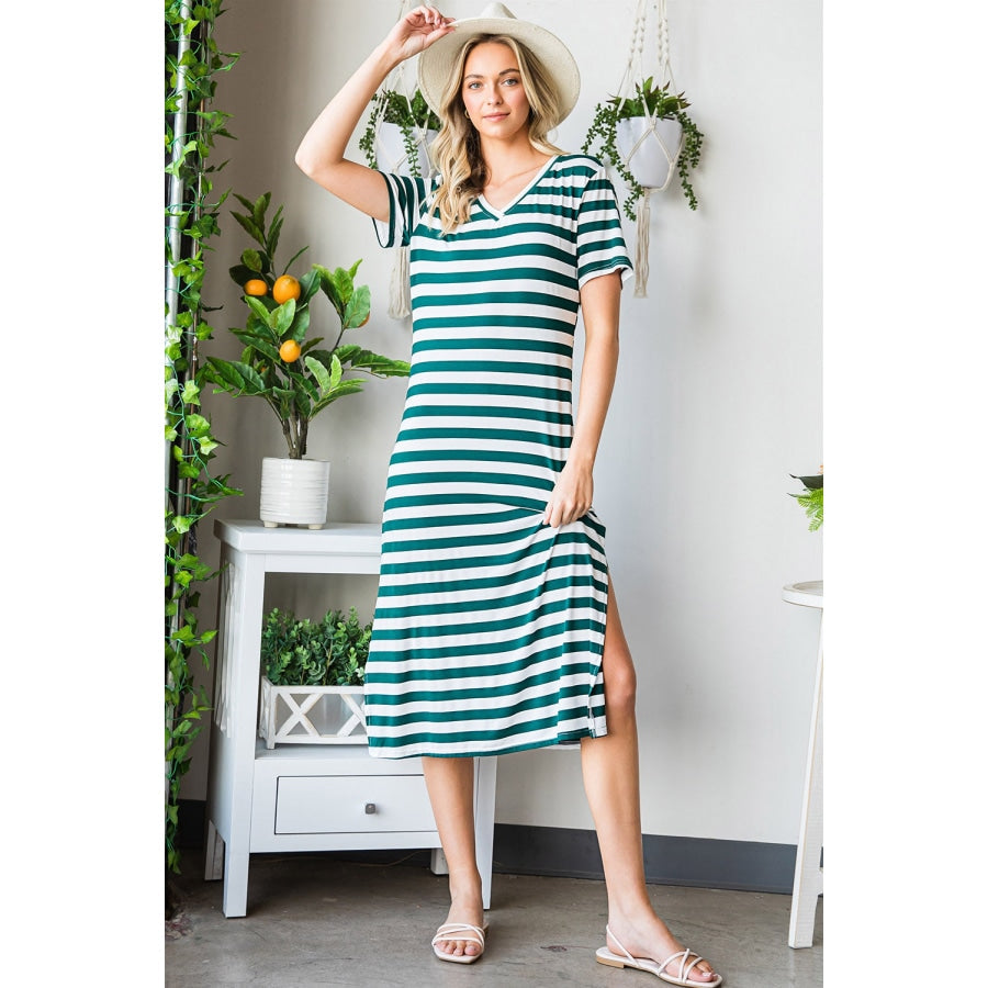 Striped V-Neck Short Sleeve Side Slit Dress