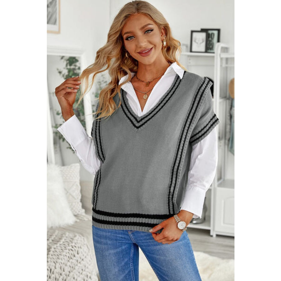 Striped V-Neck Short Sleeve Sweater Clothing