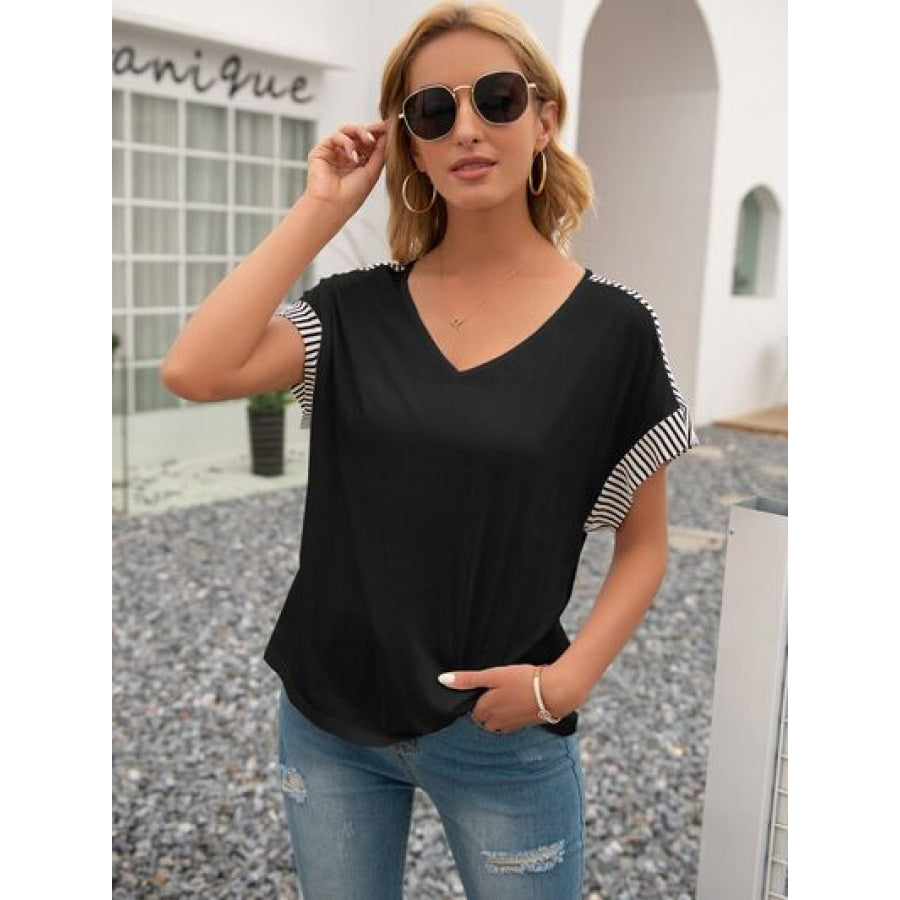 Striped V - Neck Short Sleeve T - Shirt Black / S Apparel and Accessories