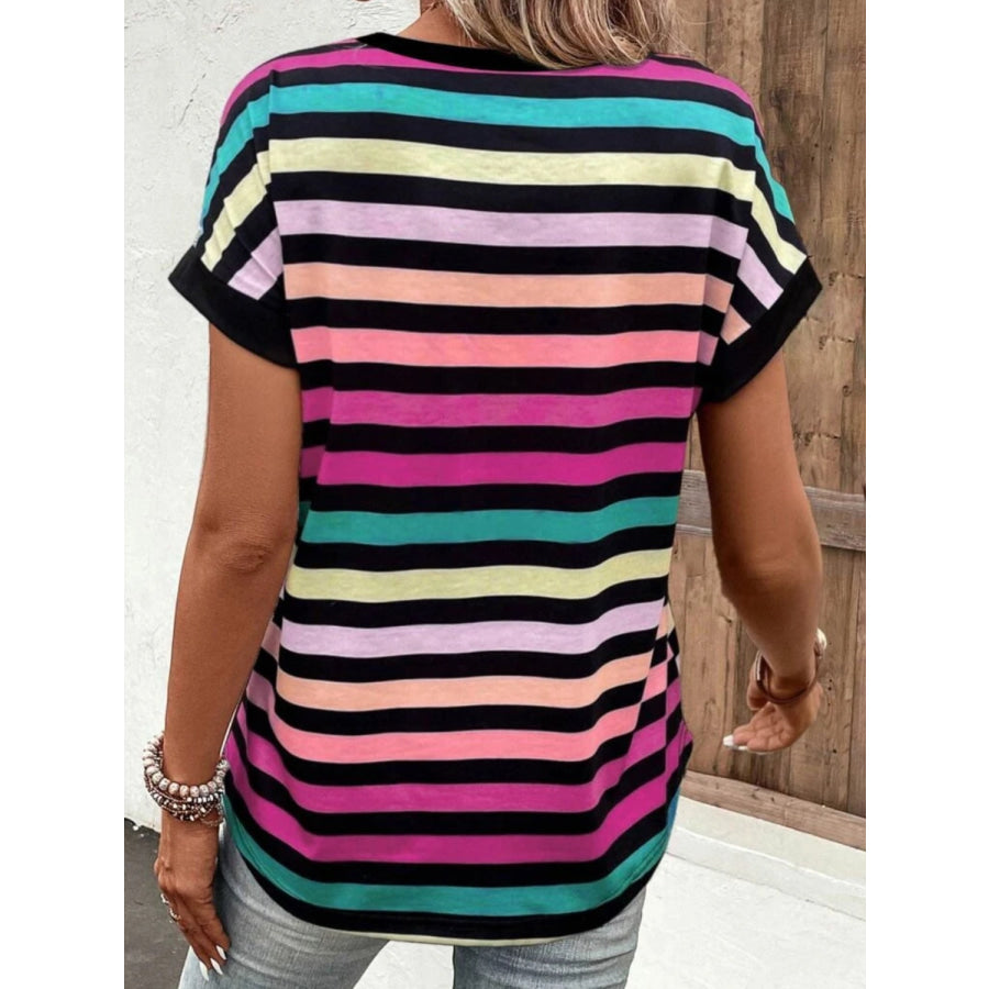 Striped V-Neck Short Sleeve T-Shirt Apparel and Accessories