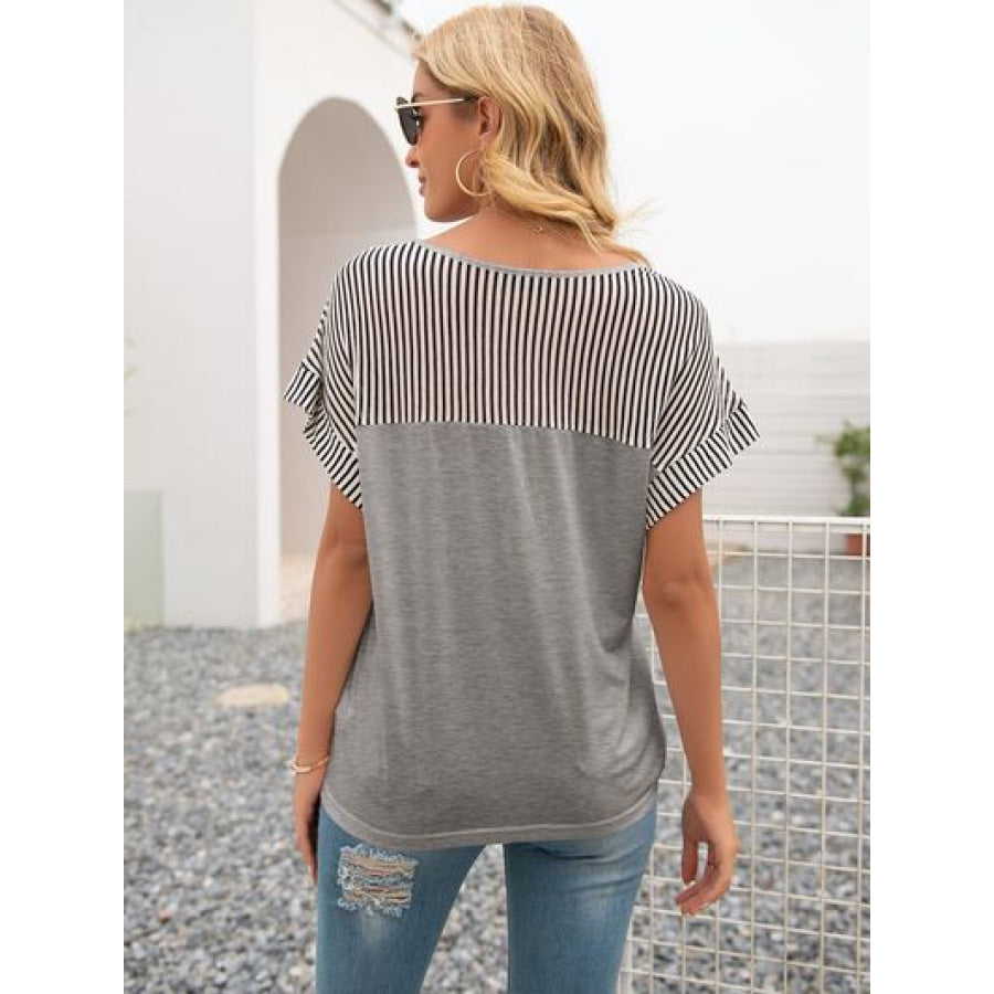 Striped V - Neck Short Sleeve T - Shirt Apparel and Accessories