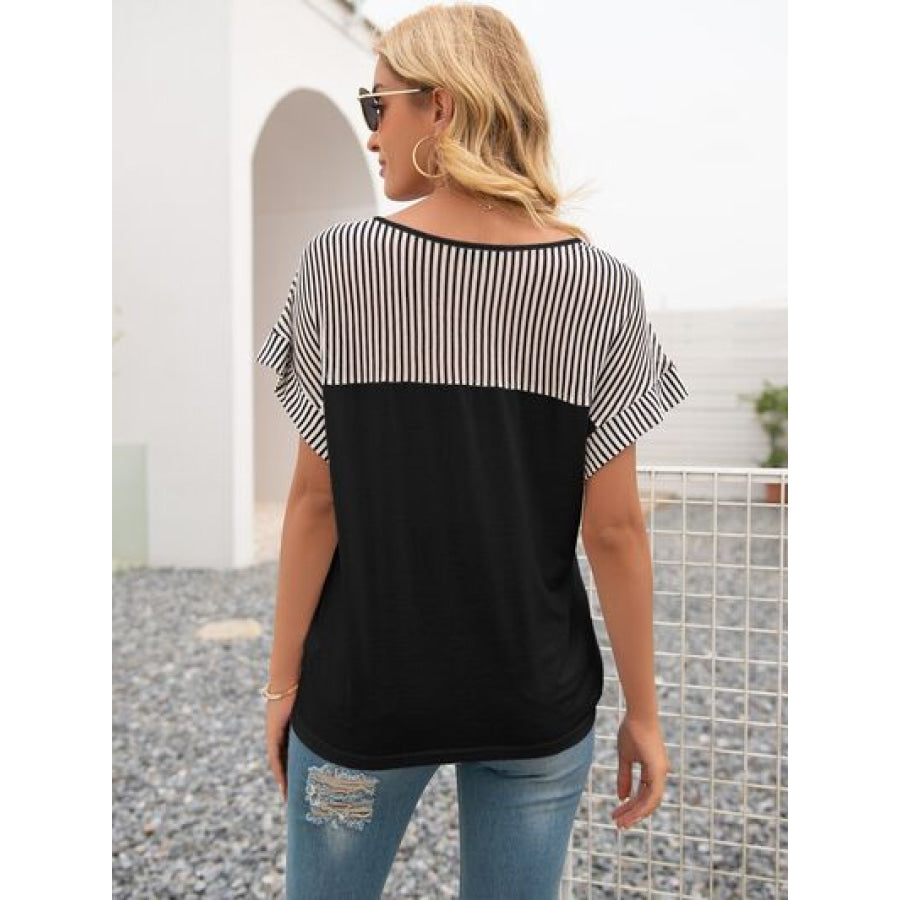 Striped V - Neck Short Sleeve T - Shirt Apparel and Accessories