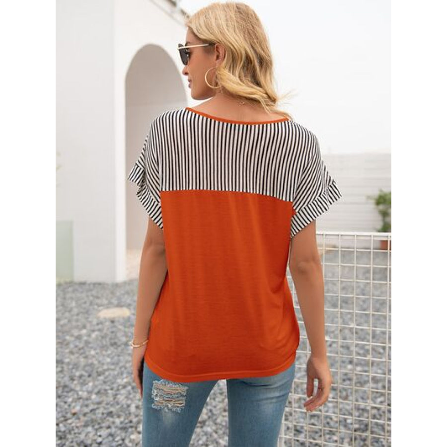 Striped V - Neck Short Sleeve T - Shirt Apparel and Accessories