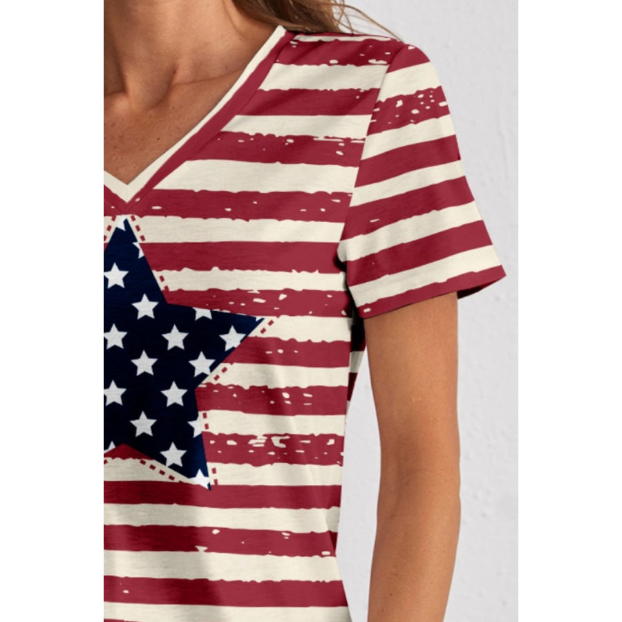 Striped V-Neck Short Sleeve T-Shirt Apparel and Accessories
