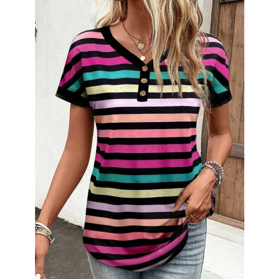 Striped V-Neck Short Sleeve T-Shirt Apparel and Accessories