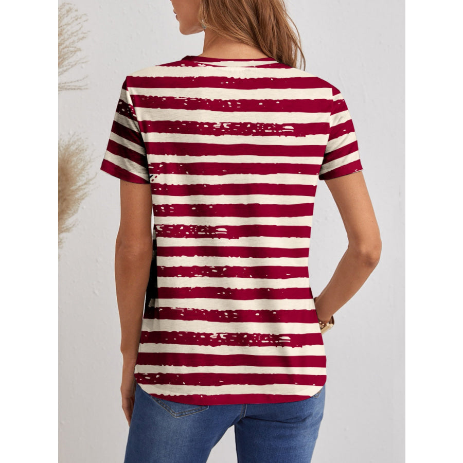 Striped V-Neck Short Sleeve T-Shirt Wine / S Apparel and Accessories