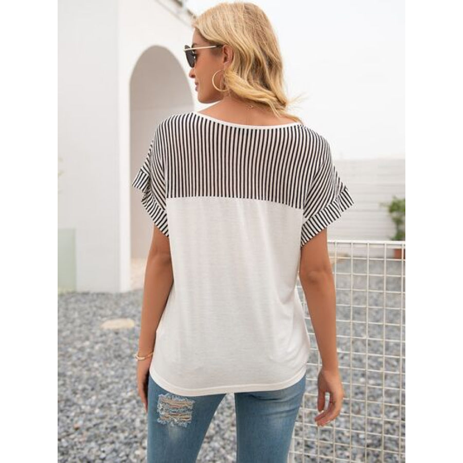 Striped V - Neck Short Sleeve T - Shirt Apparel and Accessories