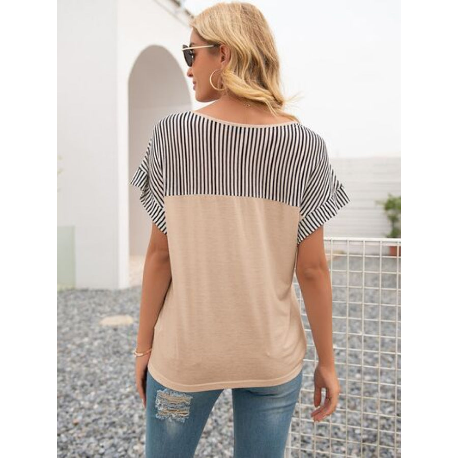 Striped V - Neck Short Sleeve T - Shirt Apparel and Accessories