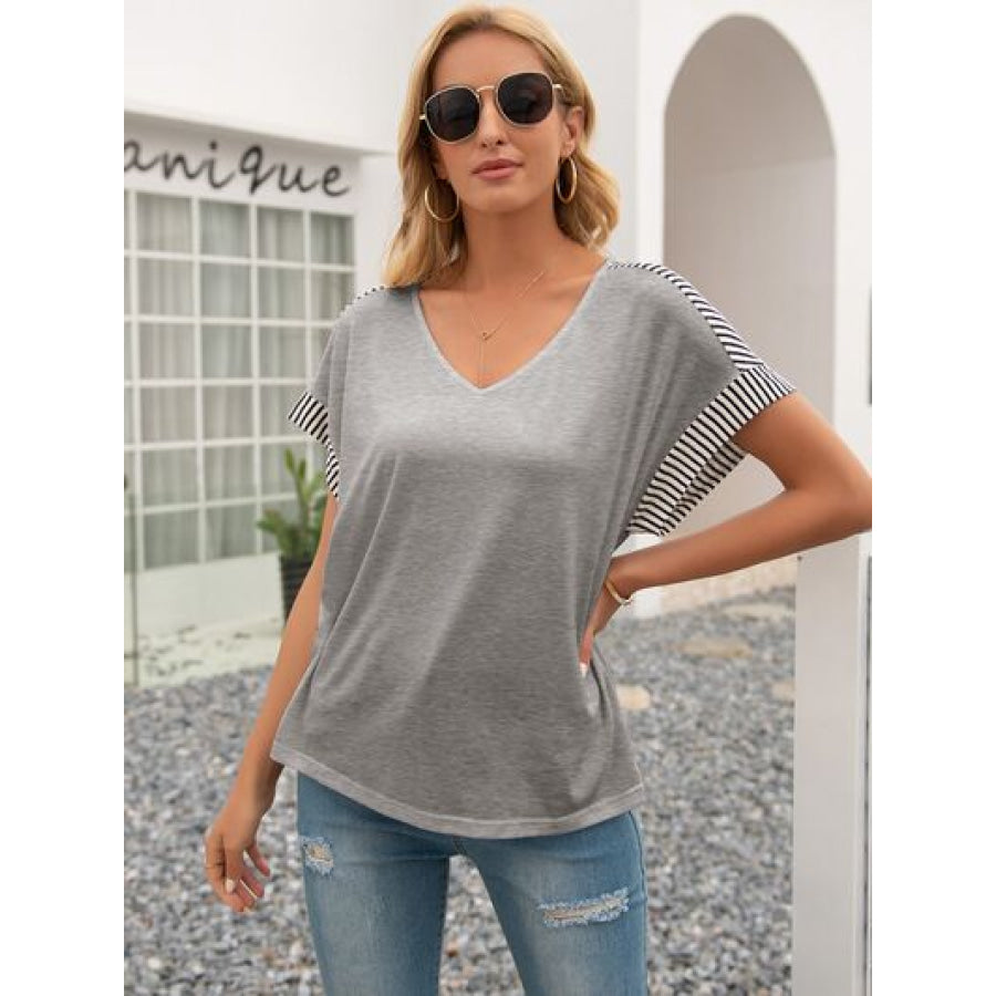 Striped V - Neck Short Sleeve T - Shirt Apparel and Accessories