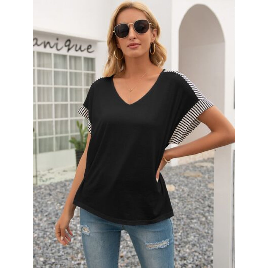 Striped V - Neck Short Sleeve T - Shirt Black / S Apparel and Accessories