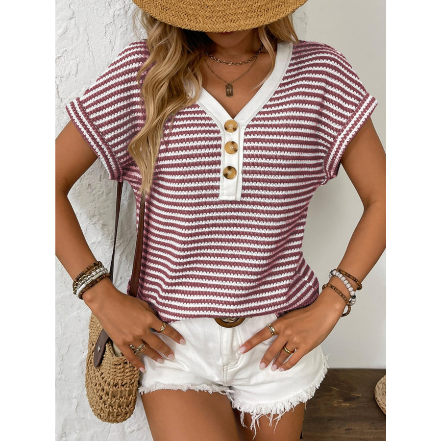 Striped V-Neck Short Sleeve T-Shirt Burgundy / S Apparel and Accessories