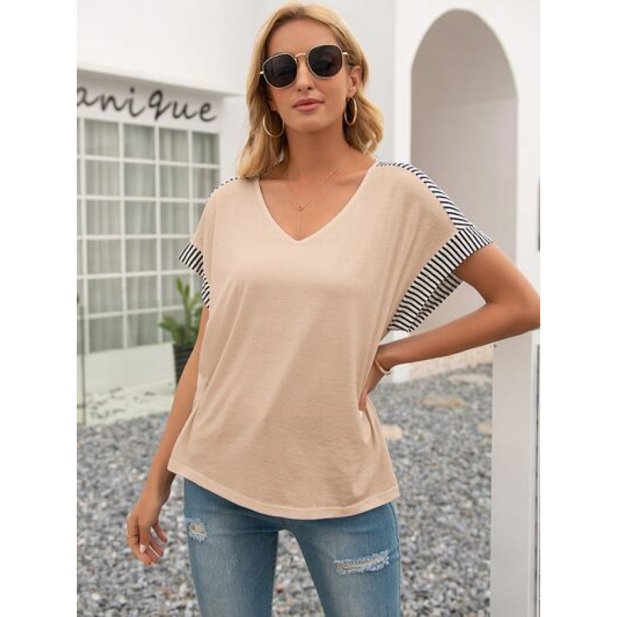 Striped V - Neck Short Sleeve T - Shirt Ivory / S Apparel and Accessories