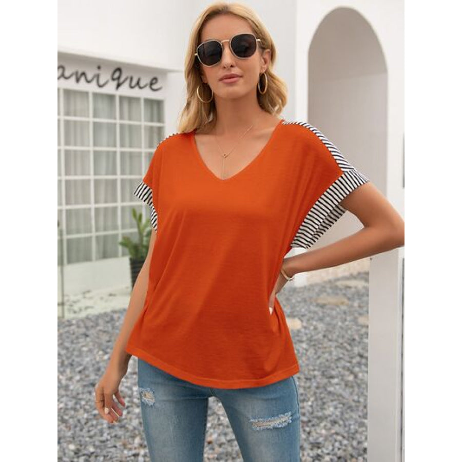 Striped V - Neck Short Sleeve T - Shirt Orange / S Apparel and Accessories